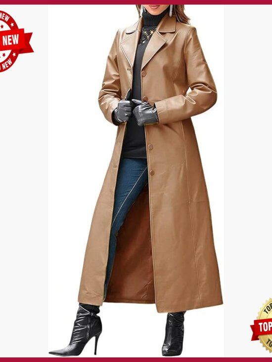 Jackets & Blazers - Faux Leather Trench Coat Maxi Length Lapel Button Down Overcoat